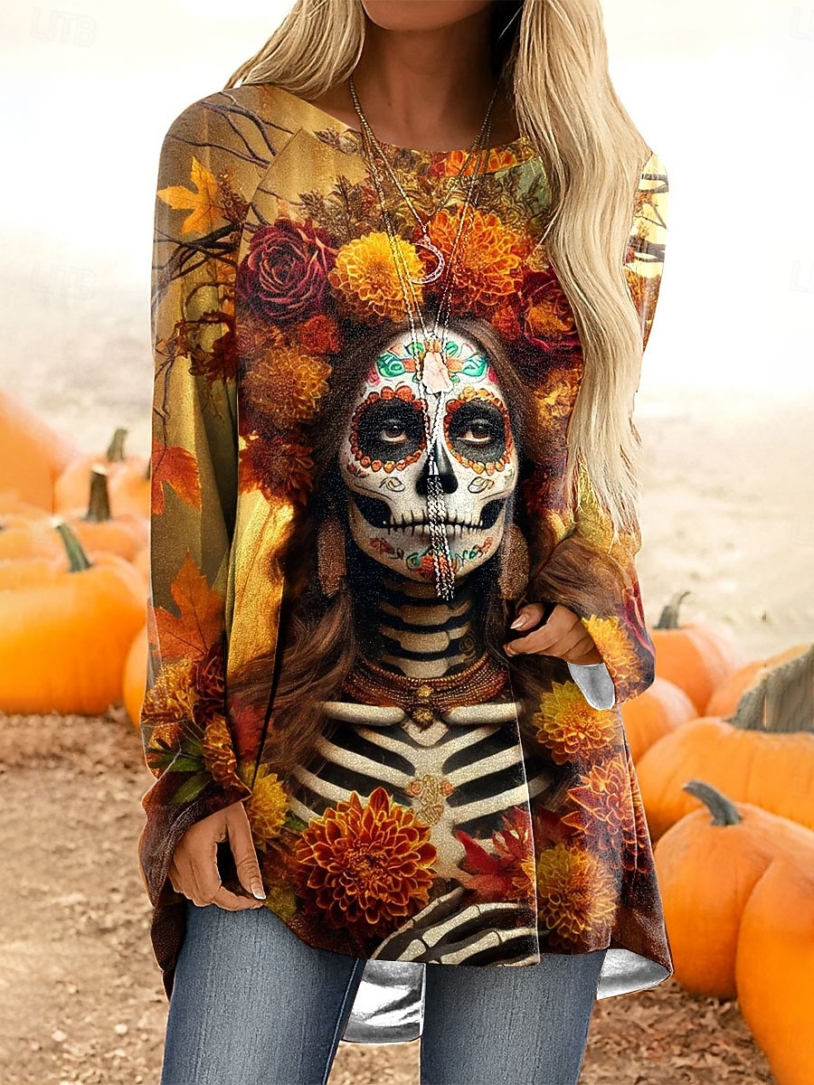 Halloween Dame T skjorte Grafisk Hodeskaller Årgang Stilfull Fritid Langermet Crew-hals Lange topper Daglig Trykt mønster Rød Lilla Oransje Kakifarget Vår Høst 2025 - $24.99 –P4