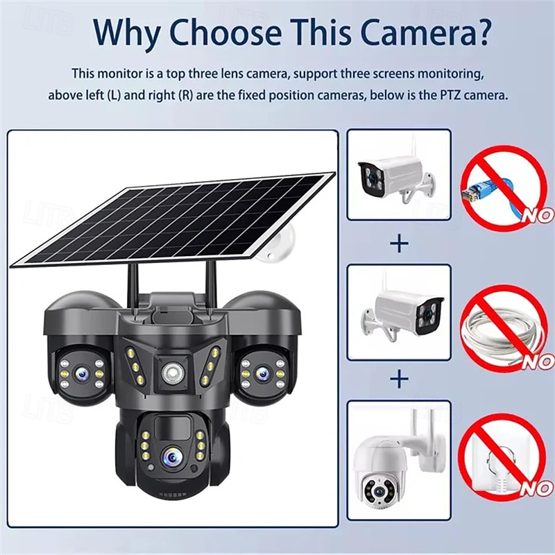Solar Camera Three Lens Two-Way Audio Outdoor IP66 Waterproof Built-in Battery Security CCTV 6K HD 4G Network Camera 2026 - $138.99 –P12