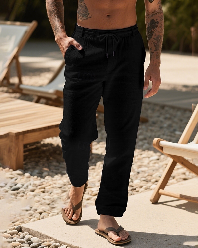 Herr Linne Byxor Långbyxor Sommarbyxor Strandbyxor Snörning Ficka Elastisk midja Slät Komfort Andningsfunktion Semester Dagligen Helgdag Hawaiisk Boho 다크 카키 Svart 2025 - $17.99 –P13