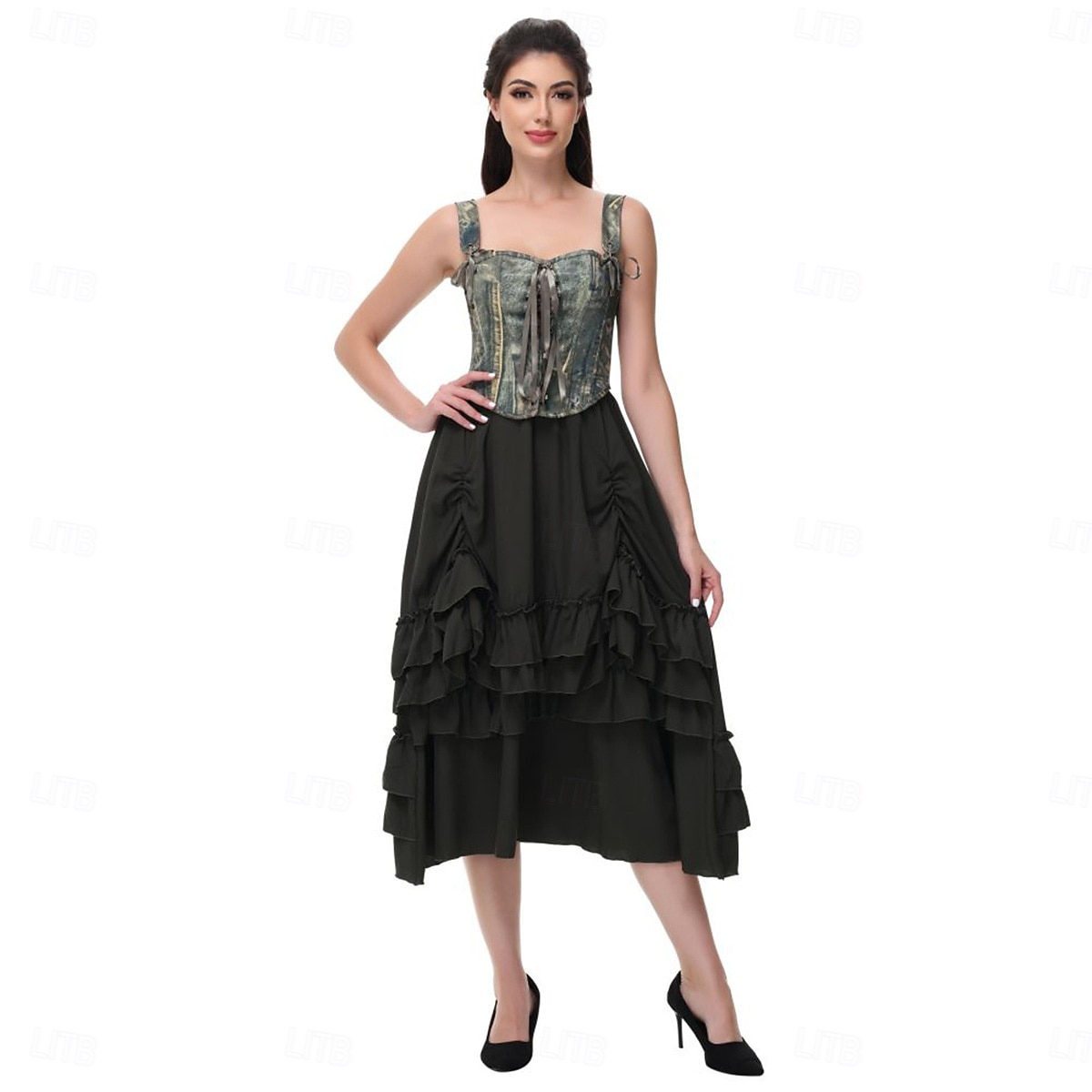 lace up corset dress Black Victorian Corset Dress with Tiered Gothic Ruffle Skirt