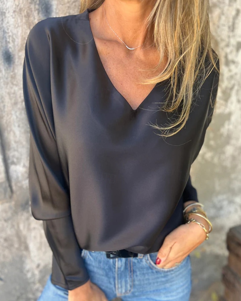 Damen Hemd Bluse Einfach Modern Lässig Langarm V Ausschnitt Normale Oberteile Täglich Ausgehen Schwarz Champagner Braun Aprikose Grau Herbst 2025 - $21.99 –P5