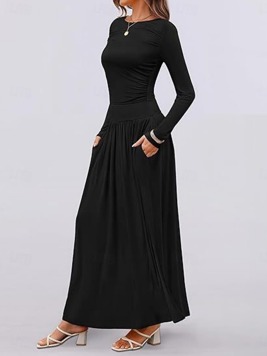 Dames Maxi-jurk Trui-jurk A lijn jurk Casual Dagelijks Normale pasvorm Effen Lange mouw Strakke ronde hals Zwart Blozend Roze Rood Bruin Lente Herfst Winter 2025 - $29.99 –P6