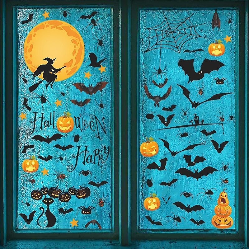 9 archů halloweenských okenních samolepek, statických samolepek s netopýry, dýněmi, černými kočkami, čarodějnicemi, odnímatelných skleněných samolepek do koupelny, domova, kanceláře, dekorací oken na 2025 - $13.49 –P1