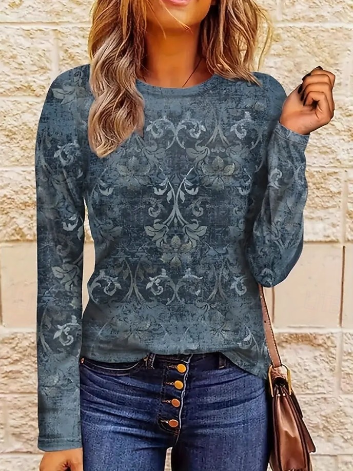 Pentru femei Tricou Imprimeu Floral Grafic Imprimeu Paisley Epocă Modă Stilat Manșon Lung Stil Nautic Rotund Topuri obișnuite Zilnic Sfârșit de săptămână Albastru piscină Albastru Prăfuit Mov 2026 - $24.99 –P1