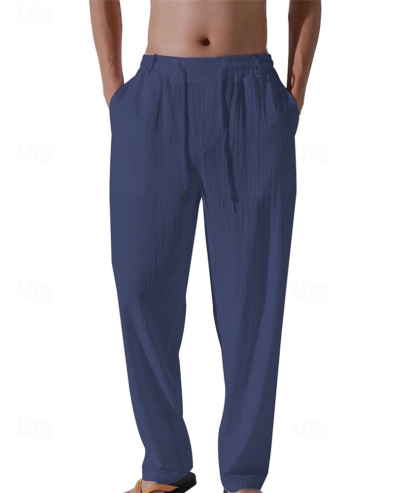Herr Linne Byxor Långbyxor Sommarbyxor Strandbyxor Snörning Ficka Elastisk midja Slät Komfort Andningsfunktion Semester Dagligen Helgdag Hawaiisk Boho 다크 카키 Svart 2025 - $17.99 –P11
