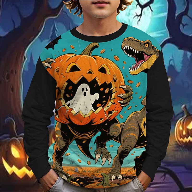 Halloween Jungen 3D Cartoon Kürbis Dinosaurier T-Shirt Langarm Frühling Herbst Mode Basic Kinder 4-12 Jahre Rundhalsausschnitt Outdoor Lässig Täglich Normale Passform 2025 - $13.99 –P3