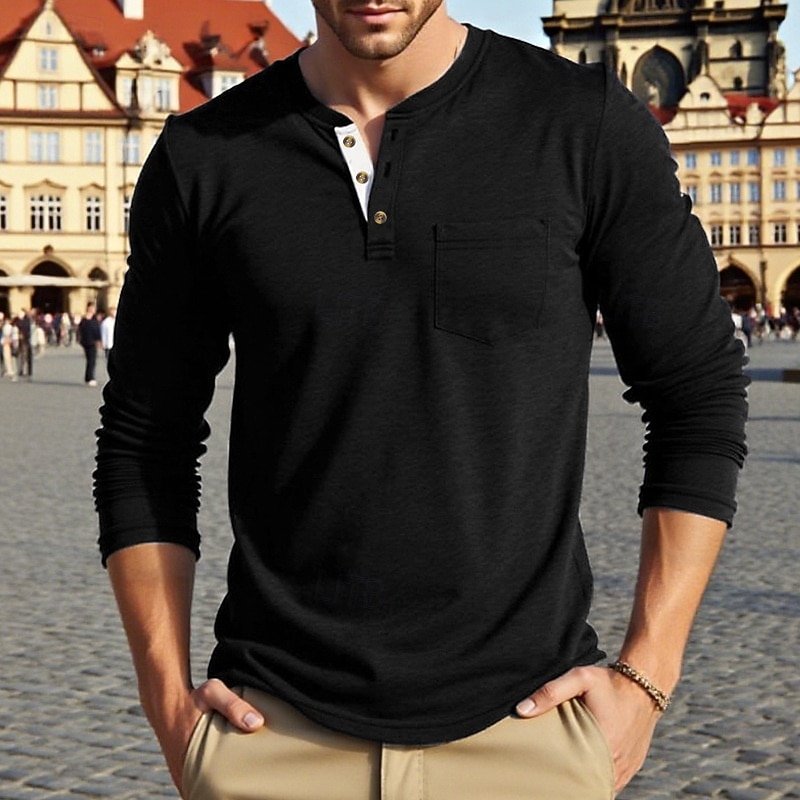 Pánské Tričko Tričko Henley Trička Tričko Top Dlouhý rukáv Henley Jaro Podzim Bez vzoru Módní Designové Základní Kapsy Dovolená ulice Jdeme ven Fialová Top tričko pro muže 2026 - $22.99 –P10