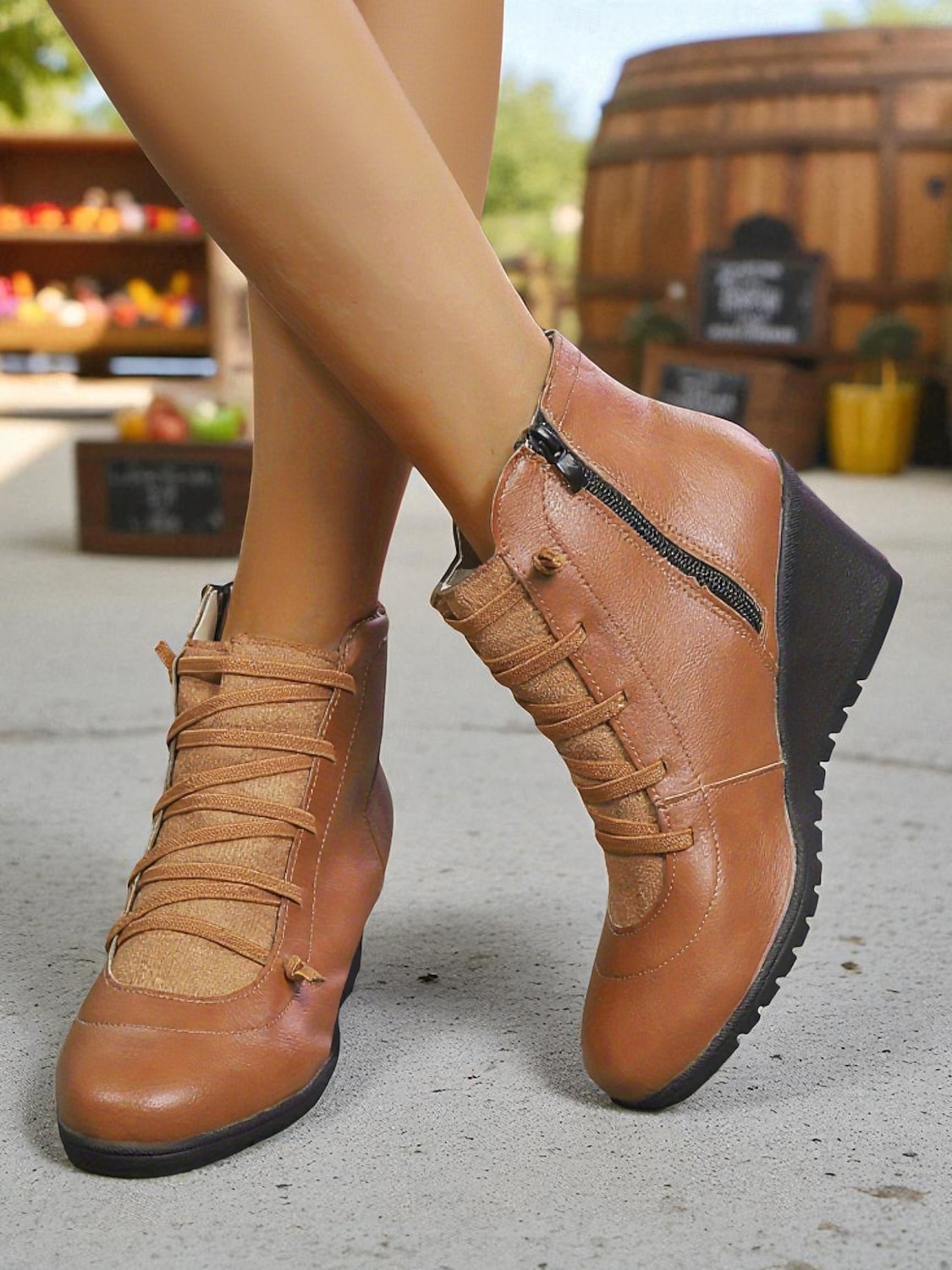 Bottines compensées en similicuir marron pour femme avec fermeture éclair latérale – bottines à lacets décontractées et confortables pour le travail, le shopping et les voyages de 2025 ? $32.99 –P5
