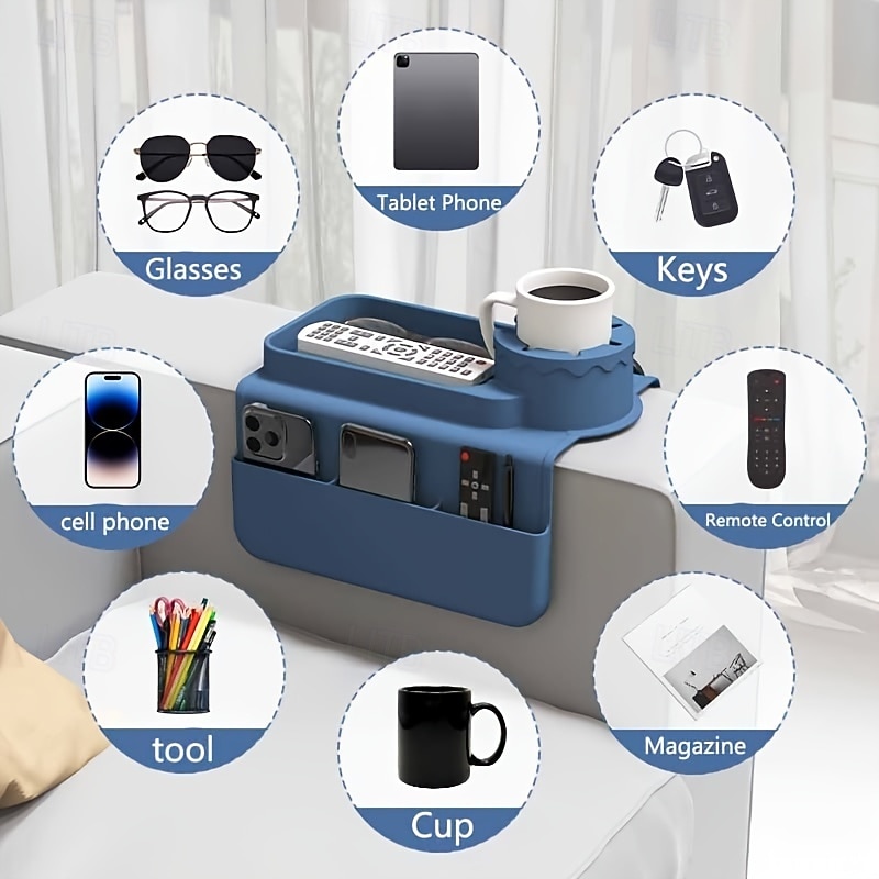 1 bandeja portavasos de silicona multifuncional para reposabrazos de sofá antideslizante con portavasos, posavasos resistente al calor, organizador con bolsillos laterales para controles remotos, 2025 - $40.99 –P5