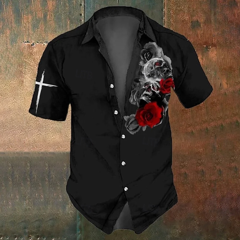 Camicia Costumi Teschi da Uomo Camicia Button Up Manica Corta Stile Gotico Scadenza Estate Primavera Camicie Collo 3D Stampate Nera 1 Nera del 2026 a $25.99 –P1