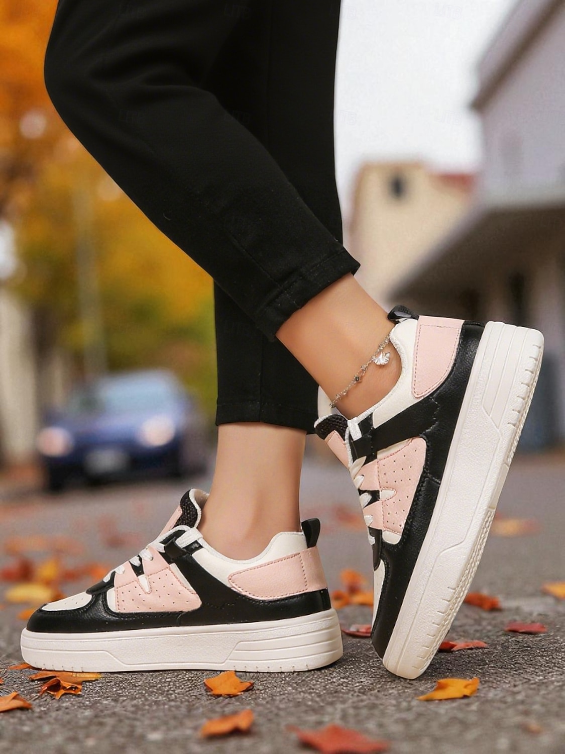 Women's Pink and Black Colorblock Lace-Up Sneakers - Comfortable Faux Leather Platform Walking Shoes for Casual Outfits, Street Style and Autumn Travel 2026 - SGD S$41.7 –P7