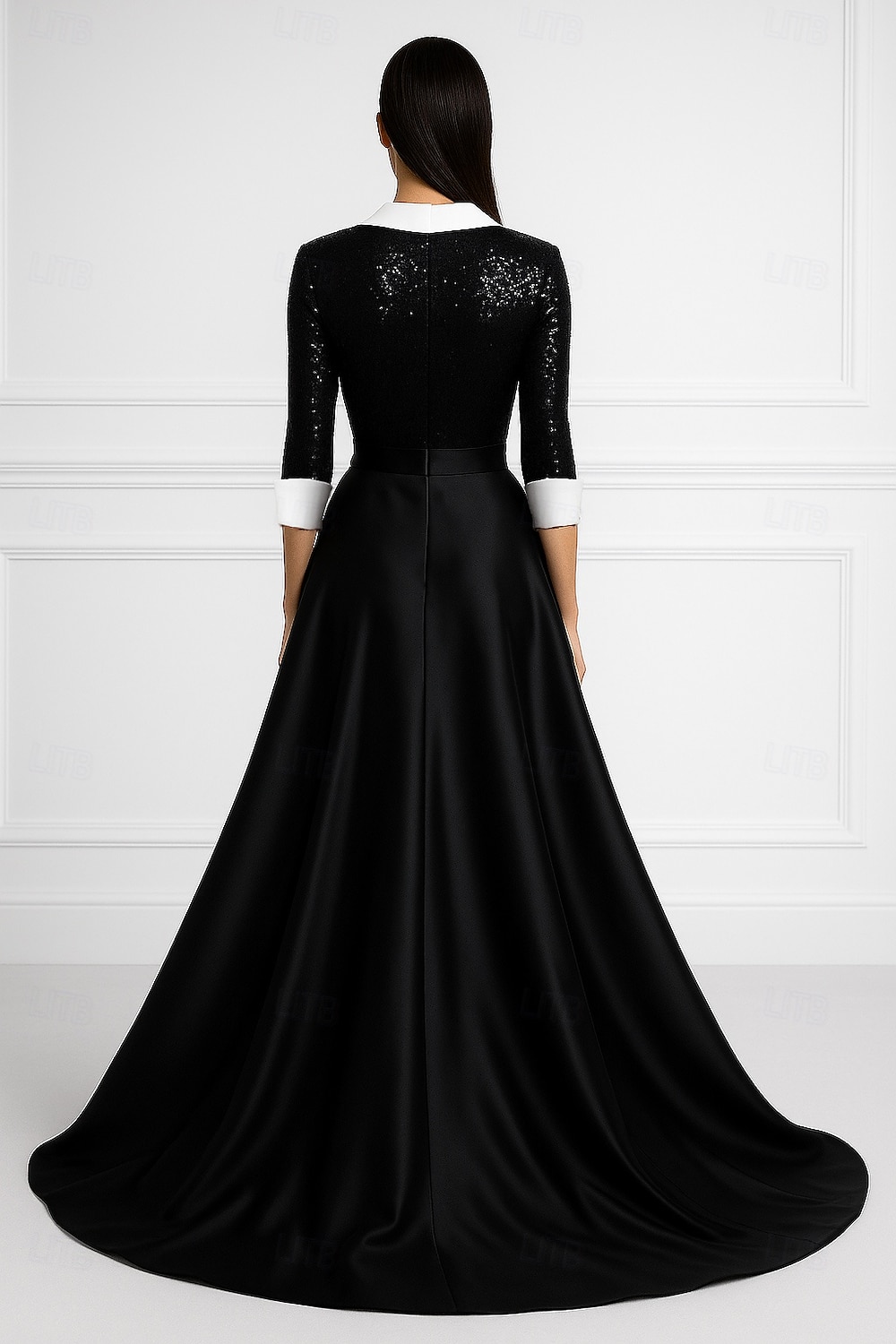 Robe de Soirée A-Line Noir et Blanc Sequins Élégante Robe Blazer Formelle Mariage Longueur au Sol Manches 3/4 Col Chemise Poche Satin avec Nœud(x) Perles de 2025 ? $149.99 –P2