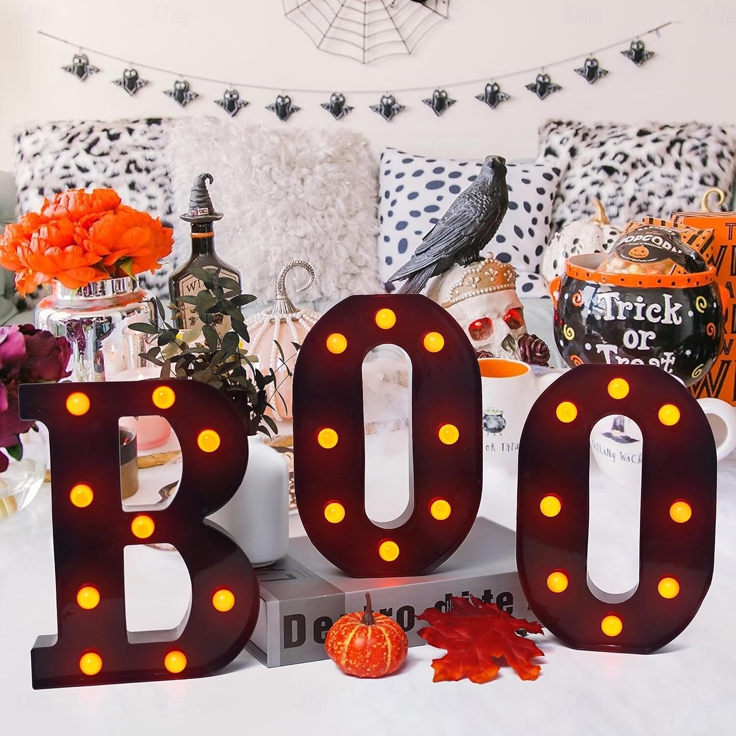 Halloween-dekorasjoner innendørs - 3 LED-telt med lysende bokstaver, svart boo-skilt, halloween-bokstavlys til hjemmet, innendørs kjøkken, peis, festbord, dekorutstyr 2025 - $21.97 –P10