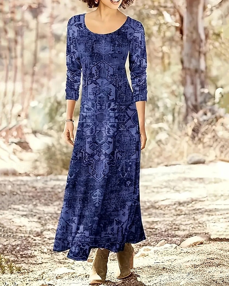 Damen Langes Kleid Maxikleid Freizeitkleid Druckkleid Vintage Mode Täglich Date Wochenende Normale Passform Blume Langarm Rundhalsausschnitt Blau Dunkelgray Frühling Herbst 2025 - $22.99 –P2