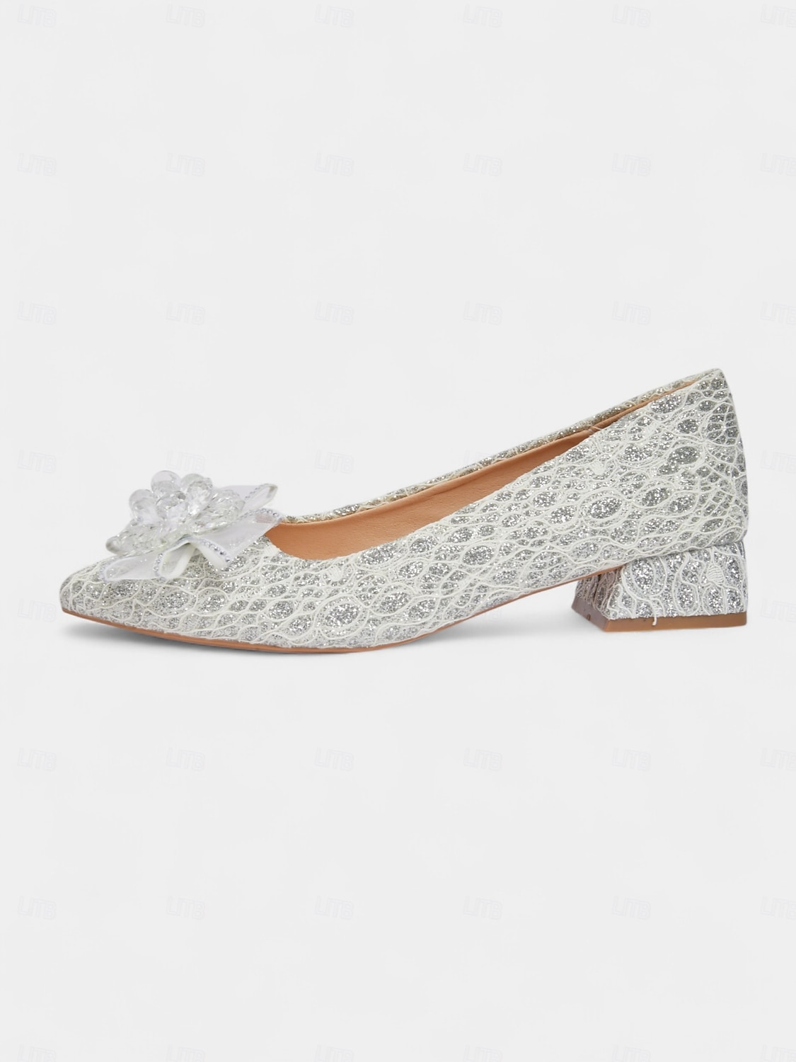 scarpe da sposa da donna con tacco basso e blocco in pizzo glitterato - eleganti décolleté da sposa con punta a punta e fiocco di cristalli per spose, damigelle ed eventi formali del 2025 a $34.99 –P3