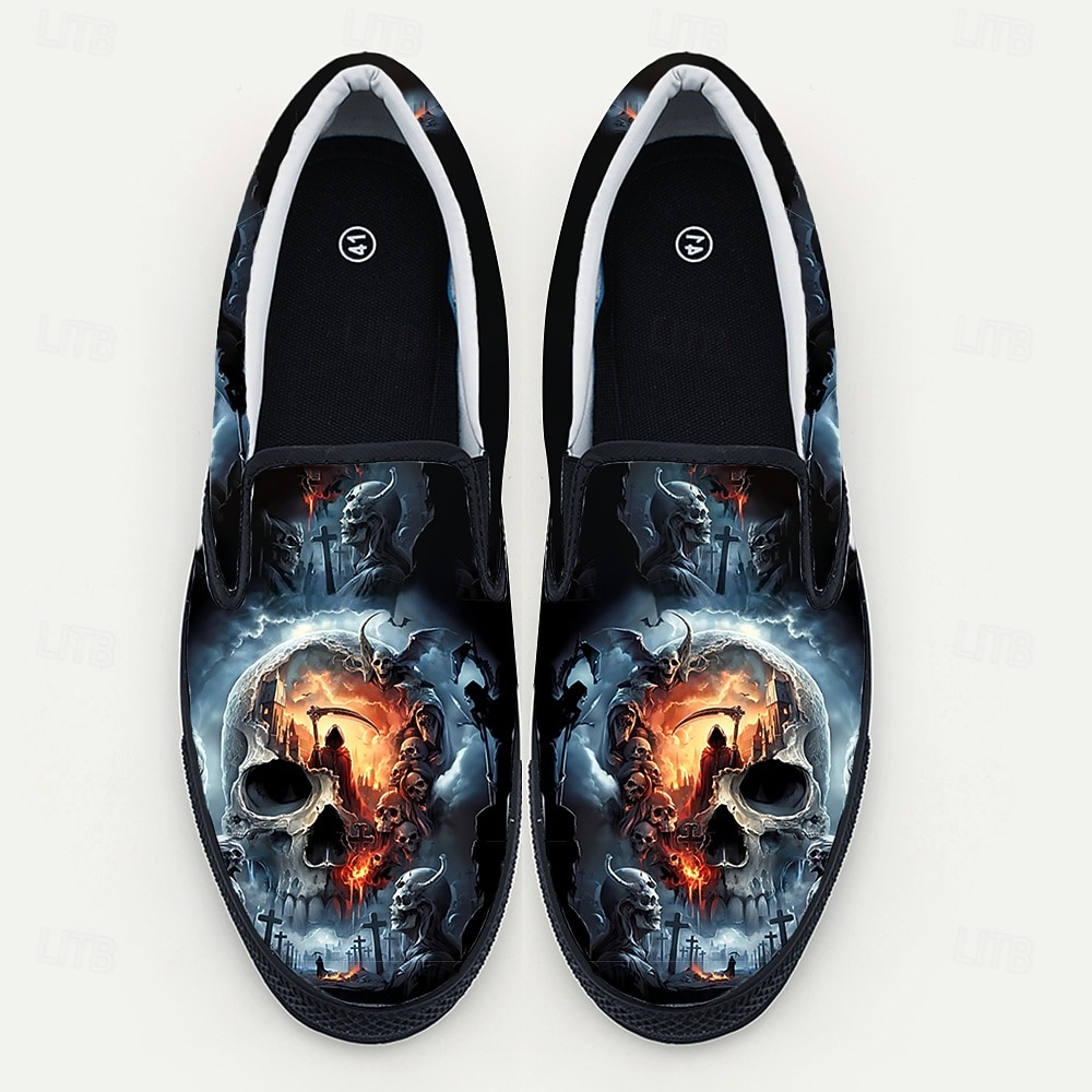 herrslip-on med halloween-dödskalletryck – kusliga, avslappnade loafers för fester, festivaler och vardagsbruk 2025 - $42.99 –P3