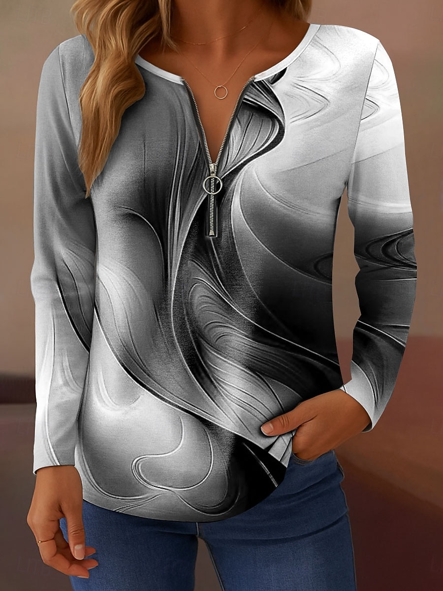 Femmes T-shirt A Ombre Graphique Abstrait Élégant ancien Classique manche longue Col en V Hauts Réguliers Quotidien Week-end Fermeture éclair Imprimé Bleu Violet Orange Gris Printemps Automne de 2025 ? $23.99 –P5