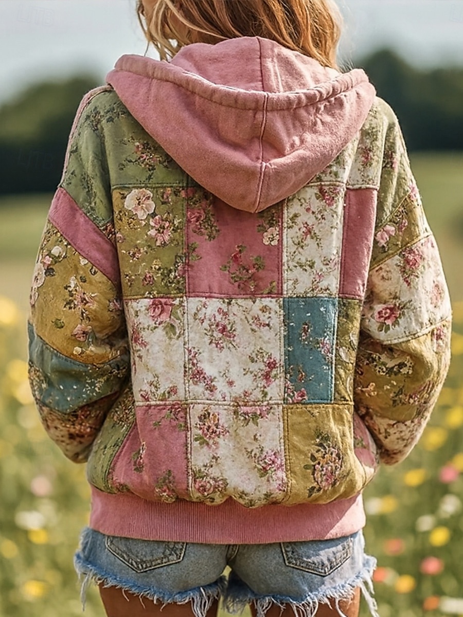 Felpa con cappuccio da donna in 3D stampato giacca a maniche lunghe con zip e tasca leggera casual micro-elastica felpa con cappuccio grafica floreale street abbigliamento quotidiano patchwork con del 2025 a $26.99 –P2