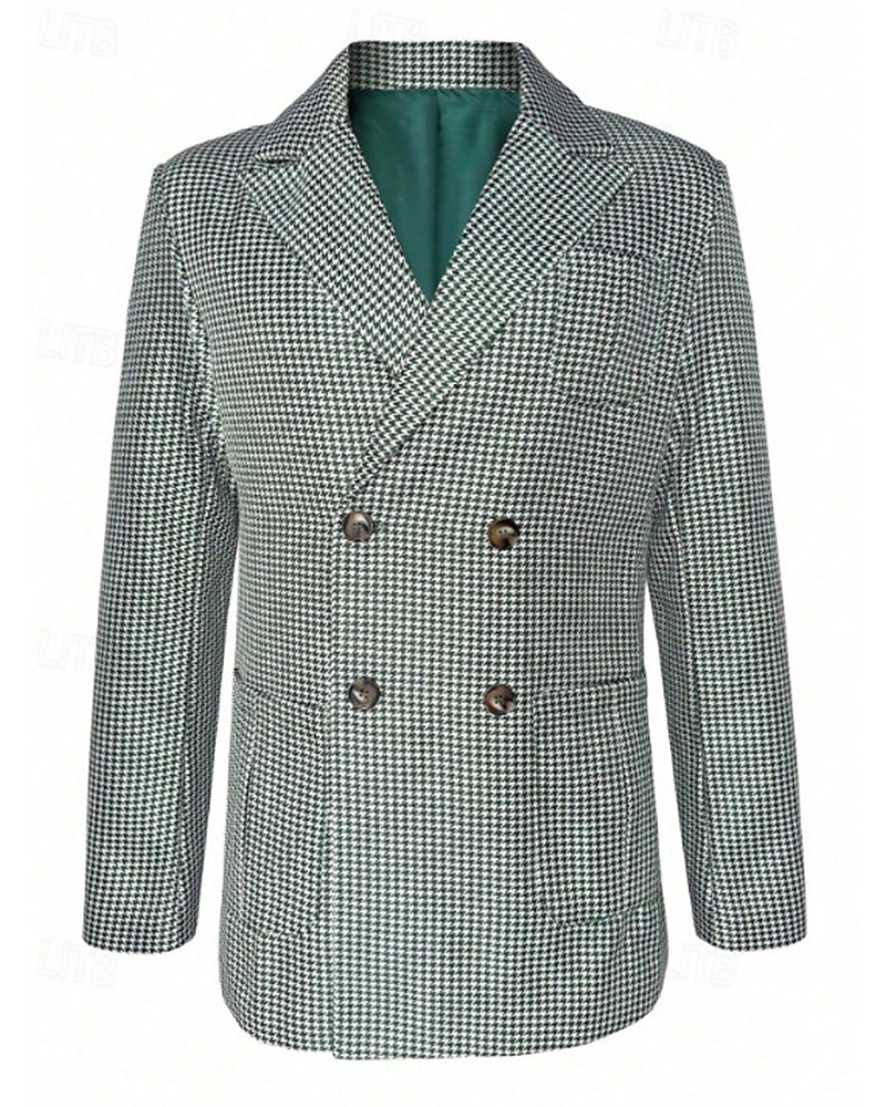 Herr Kavaj Företag Cocktailfest Bröllopsfest Mode Ledigt Vår Höst Polyester Hundtandsmönster Ficka Knappar Bekväm Dubbelknäppt Blazer Grön 2025 - $51.99 –P3