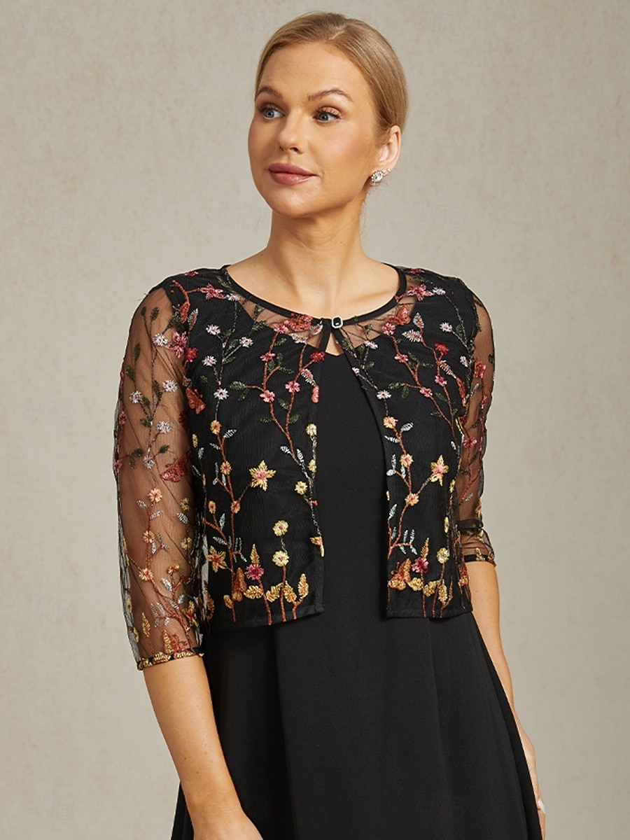 Жен. Блейзер Куртка Легкость Кружева Вышивка Элегантный стиль Цветочный принт Официальные Годовщина Для вечеринок Свадебный гость Открытый перед Короткая "Круглый вырез ""под горло""" Стандартный 2025 - $49.99 –P2