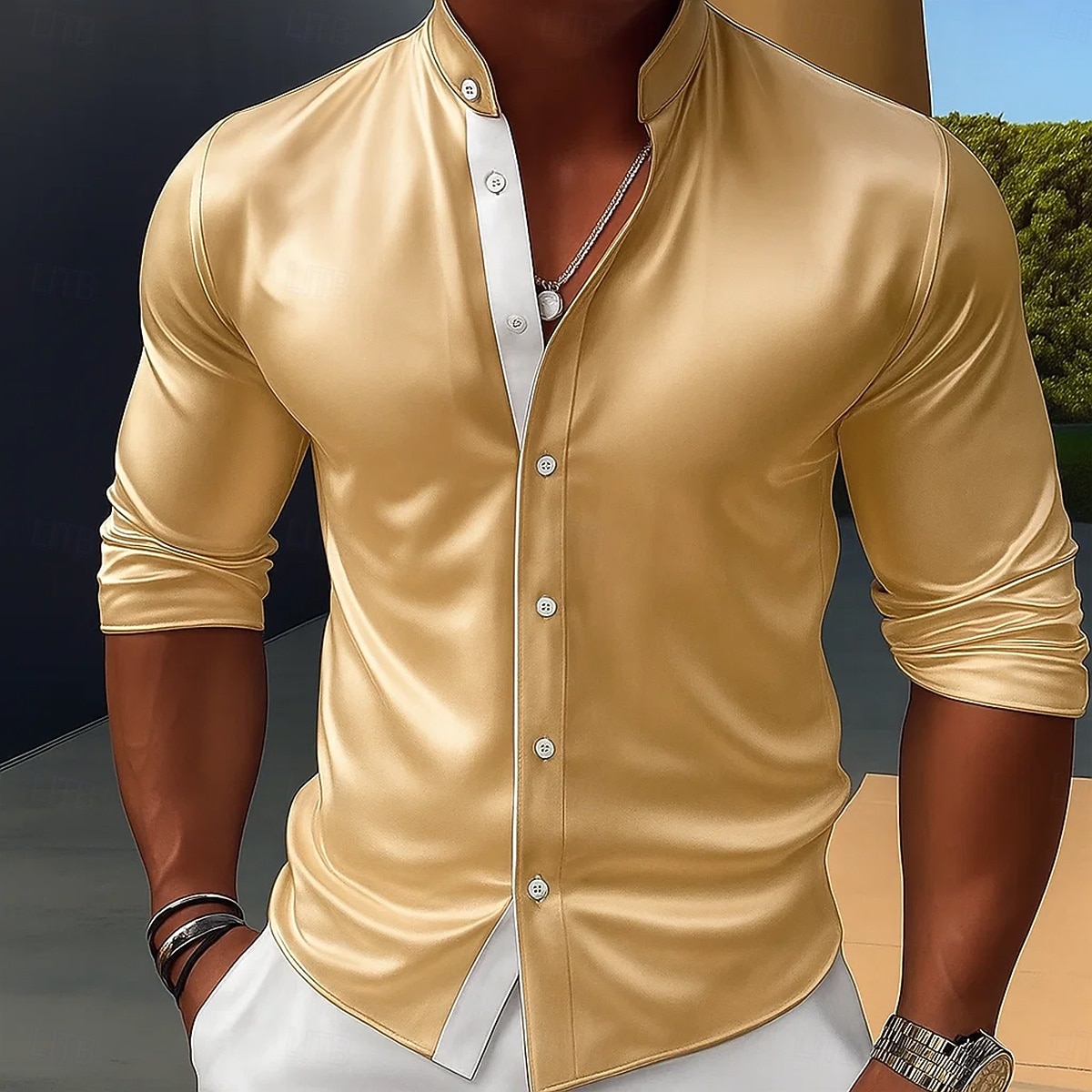 Herren Hemd Satinhemd Kleidhemd Freizeithemd Knopfhemd Abschlussballhemd Einfach Formell Hochzeit Schwarz Rote Königliches Blau Gold Langarm Stehkragen Ganzjahres Bekleidung Farbblock 2025 - $23.99 –P3