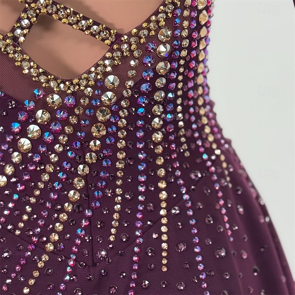 Kunstschaatsjurk Dames Voor meisjes Schaatsen Jurken Bordeaux Lapwerk Open achterkant Netstof Spandex Hoge Elasticiteit Opleiding Wedstrijd Kunstschaatskleding Klassiek Kristal / Bergkristal Lange 2026 - $298.59 –P10