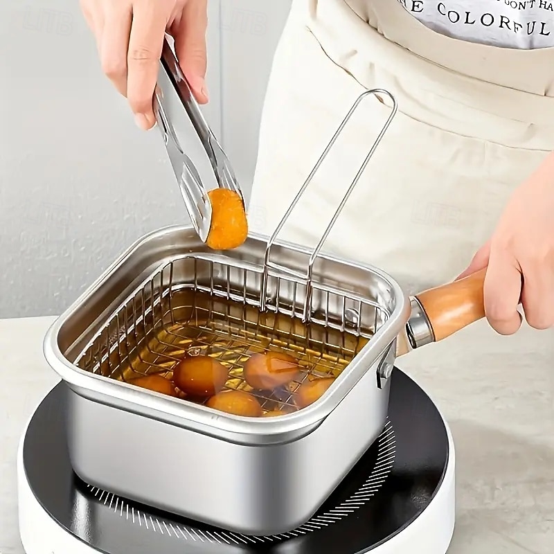 Padella quadrata in acciaio inox da 4 pezzi con cestello, friggitrice compatta quadrata multiuso con manico staccabile &design di scarico facile adatto a contenitori per la conservazione della del 2025 a $33.99 –P2