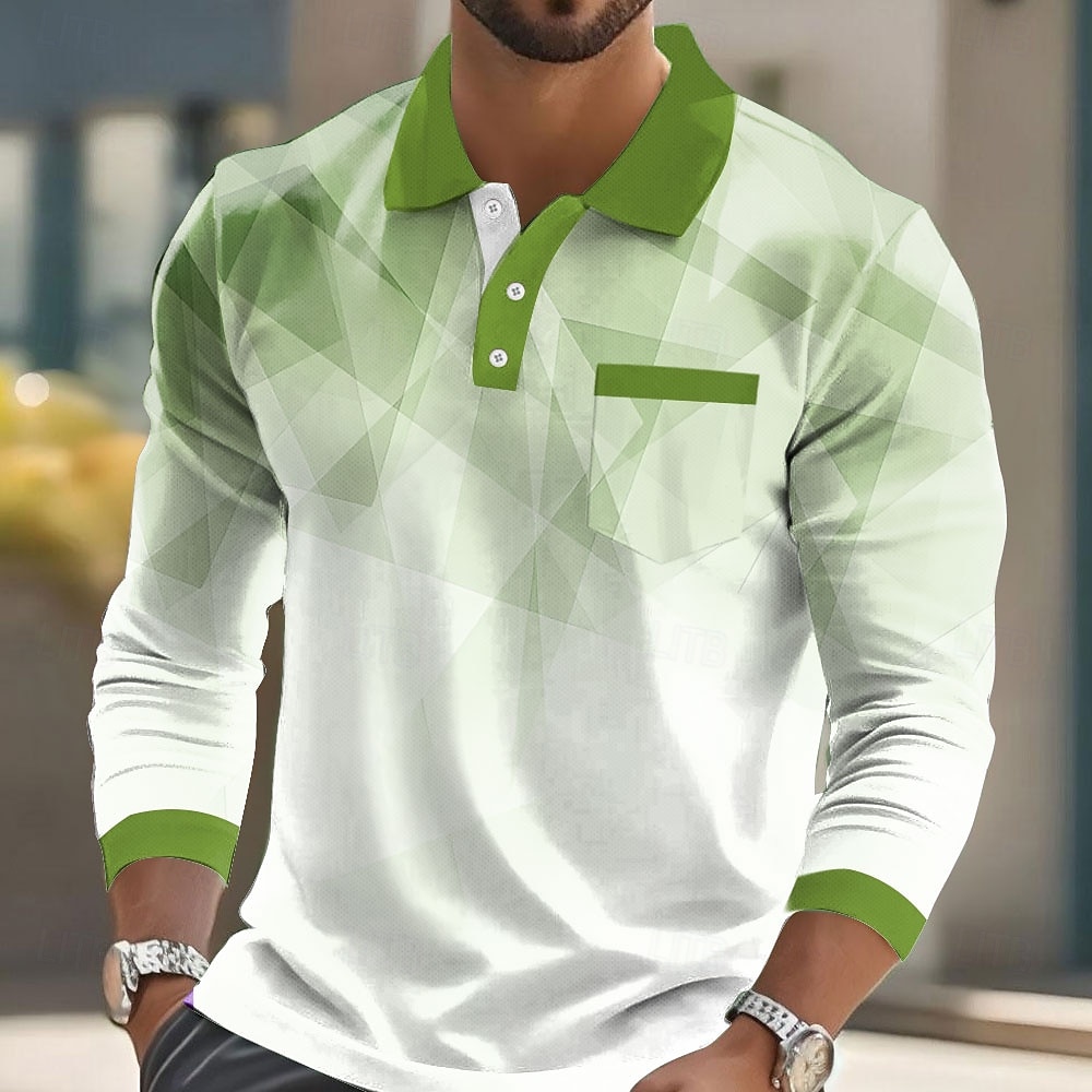 Herr Geometrisk Polo Långärmad Polotröjor Kavajslag Business Casual Fritids- Dagliga kläder Ficka 3D-utskrift Knappar Vår Höst Gul Blå Purpur 2025 - $21.99 –P5