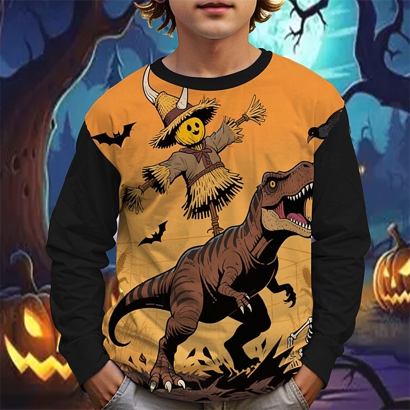 Halloween Pojkar 3D Tecknat Dinosaurie T-shirt Långärmad Vår Höst Mode Grundläggande Barn 4-12 år Rund hals Utomhus Ledigt Dagligen Normal 2025 - $13.99 –P3
