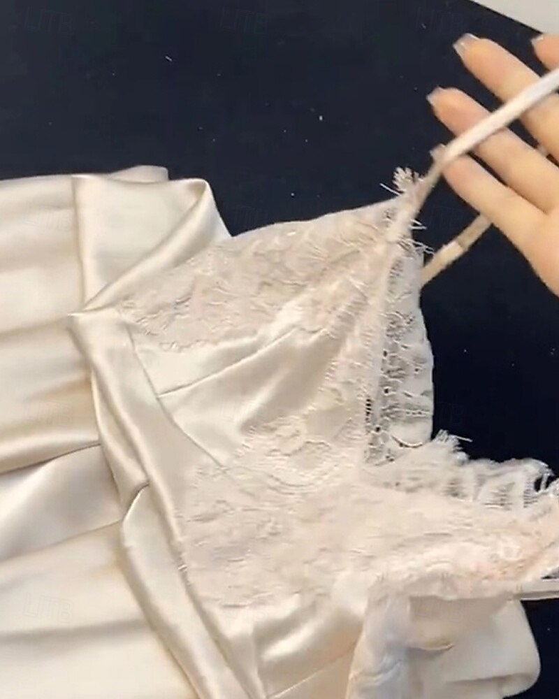 Damskie Piżama Koszula nocna Moda Codzienny Miękkie Czyste kolory Satynowa jedwabna piżama Koronka Niejednolita całość Dom Urlop Łóżko Bez rękawów Paski Beżowy Lato 2026 - $28.99 –P3