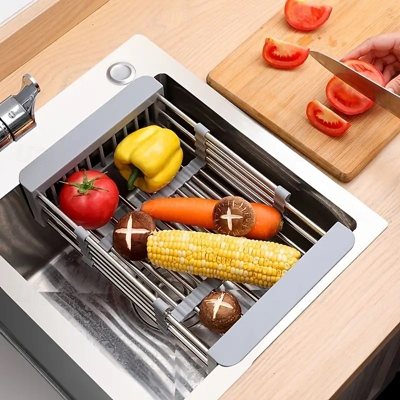 Abtropfgestell aus Edelstahl, ausziehbar, Küchensieb, Abtropfkorb über der Spüle, verstellbare Armlehne, Ablage für Spülschüssel, für Gemüse und Obst 2025 - $12.99 –P5