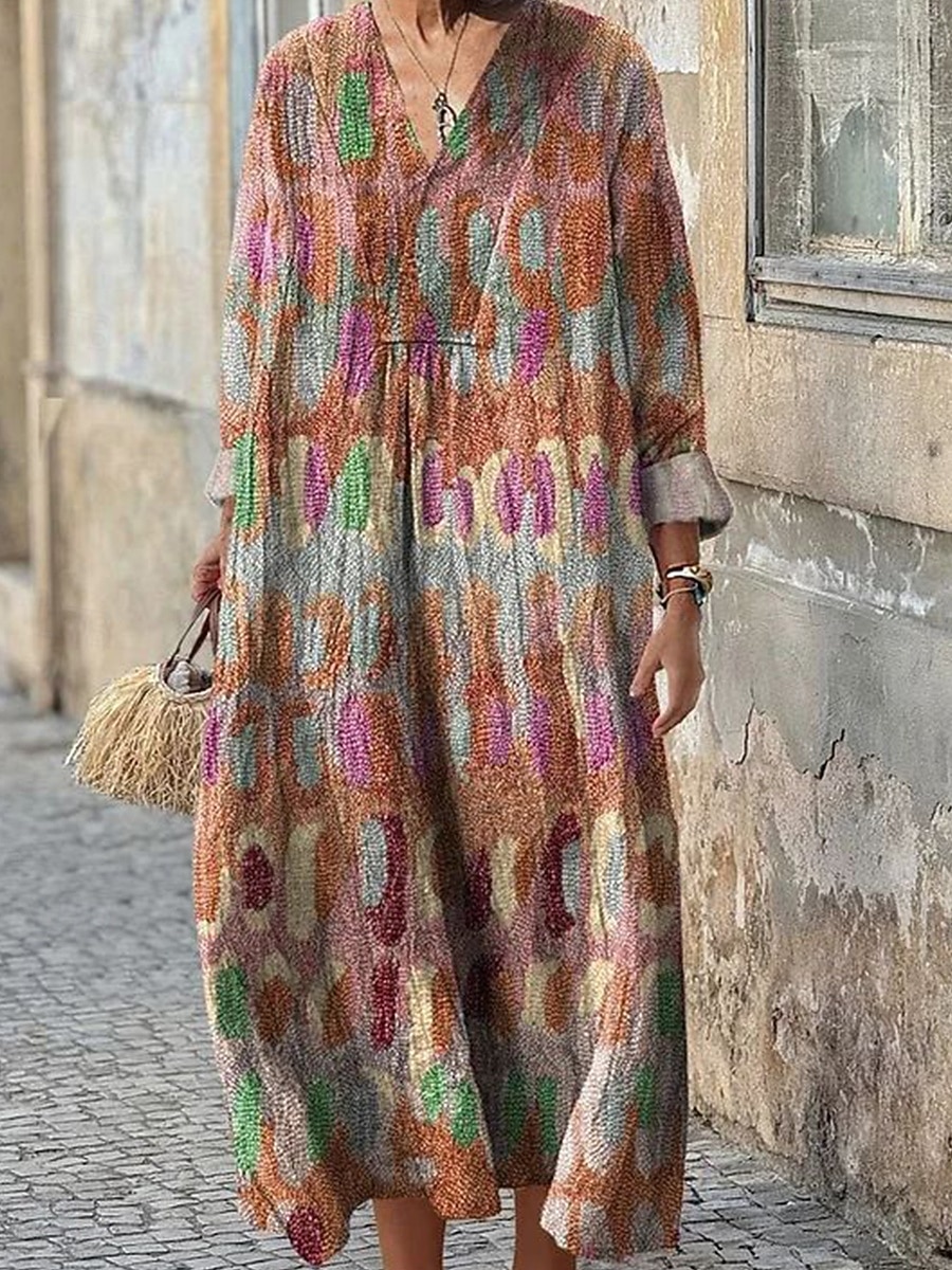 Dames Maxi-jurk Zonnejurk A lijn jurk Vakantie Casual Boho Feestdagen Ruim Passend Grafisch Geometrisch Lange mouw V-hals Donker Bruin blauw Paars Bruin Zomer Lente Herfst 2025 - $35.99 –P2