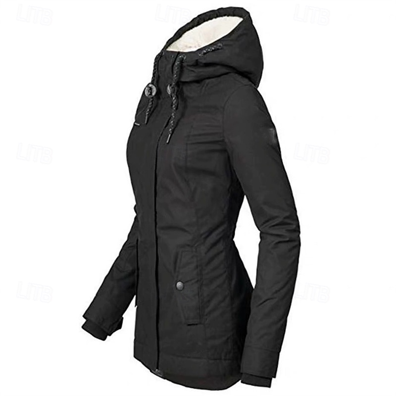 Mulheres Casaco de lã Jaqueta casual Manter Quente Confortável Zíper Bolsos Moda Ao ar livre Tecido Para Noite Final de semana Zíper Padrão Com Capuz Normal Manga Longa agasalhos Preto Vinho Verde de 2025 por $41.99 –P3