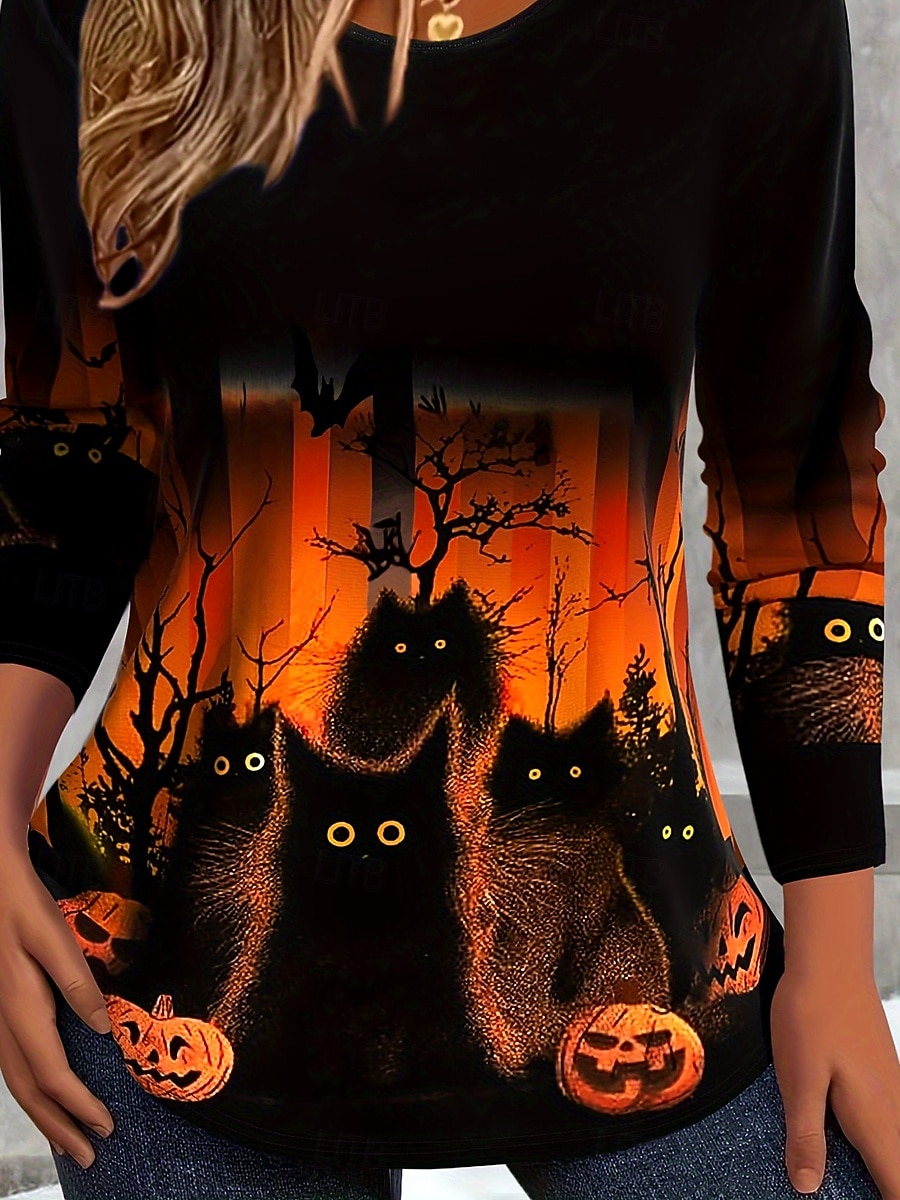 Women's T shirt Pumpkin Graphic Cat Vintage Stylish Classic Long Sleeve Crew Neck Regular Tops Daily Print Orange Spring Fall Winter 2025 - $22.99 –P4