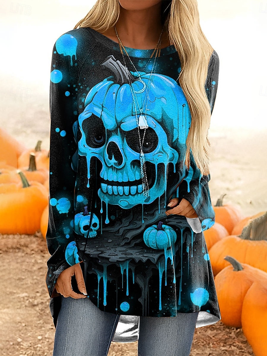 Halloween Dame T skjorte Grafisk Hodeskaller Gresskar Årgang Stilfull Fritid Langermet Crew-hals Vanlige topper Daglig Trykt mønster Rosa Blå Oransje Grønn Grå Vår Høst 2025 - $24.99 –P4