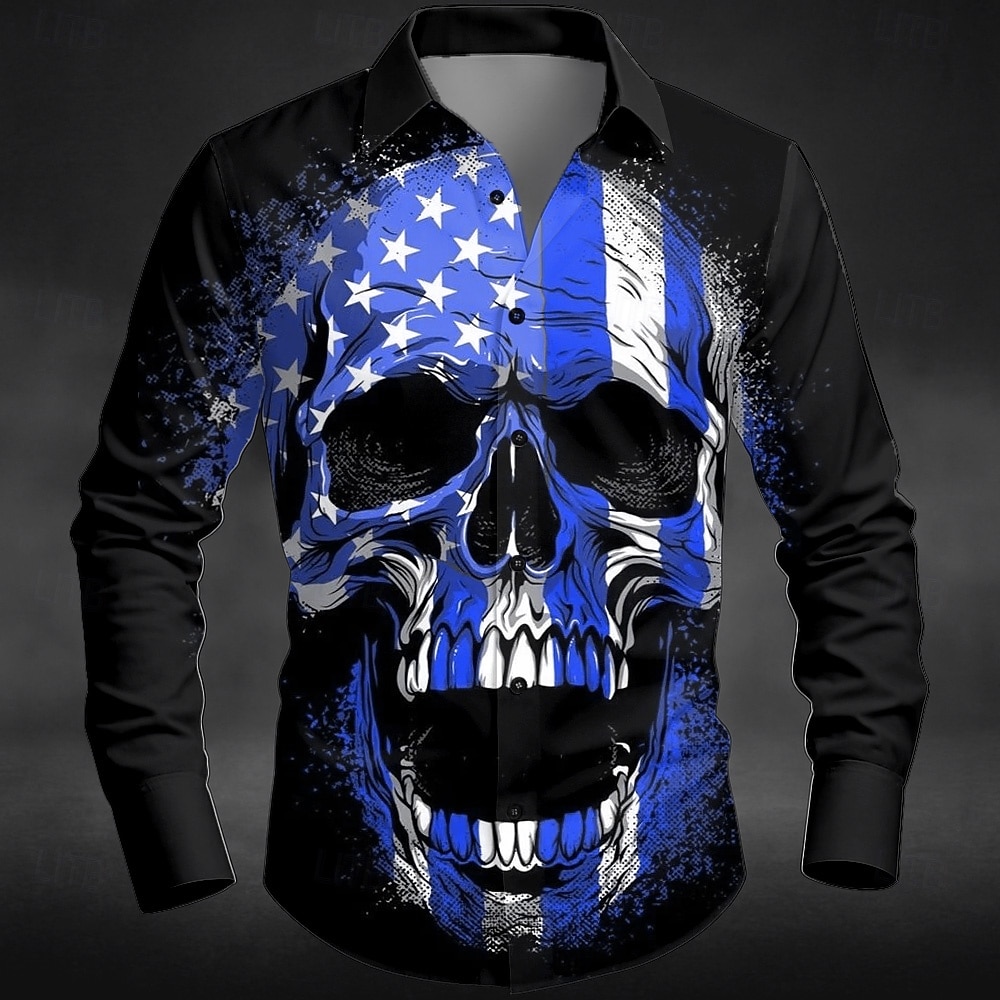 Camicia con teschio bandiera USA da uomo camicia a bottoni maniche lunghe stile punk gotico scuro outdoor vacanza estate primavera colletto stampa 3D blu blu scuro del 2026 a $27.99 –P2