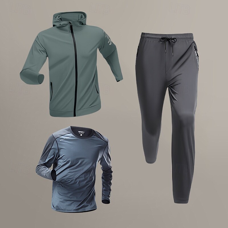 Муж. Спортивные костюмы Спортивный комплект из 3 предметов Однотонный Наборы одежды Весна Зеленый и черный Черный Баскетбол Бег Йога Завышенная Быстровысыхающий Длинный рукав Спорт Спортивная одежда 2026 - $71.99 –P3