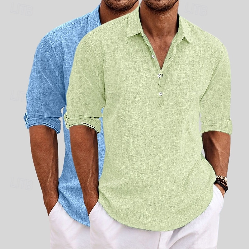 Herren Hemd Leinenhemd Sommerhemd Strandbekleidung Einfach Urlaub Lässig Khaki + Schwarz Blau+Khaki Grau+Khaki Weiss + schwarz Langarm Revers Sommer Frühling Bekleidung 2025 - $29.99 –P11