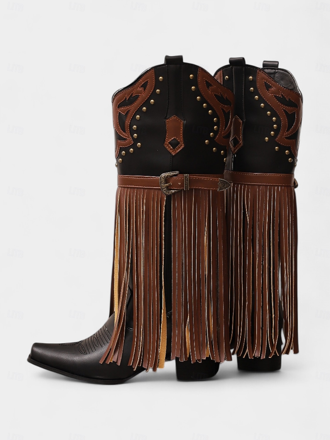 Blå og brune cowboystøvler med westernfrynser til dame – knehøye støvler med broderi i imitert skinn for rodeo-stil, countrykonserter og festivalantrekk 2026 - $94.99 –P3