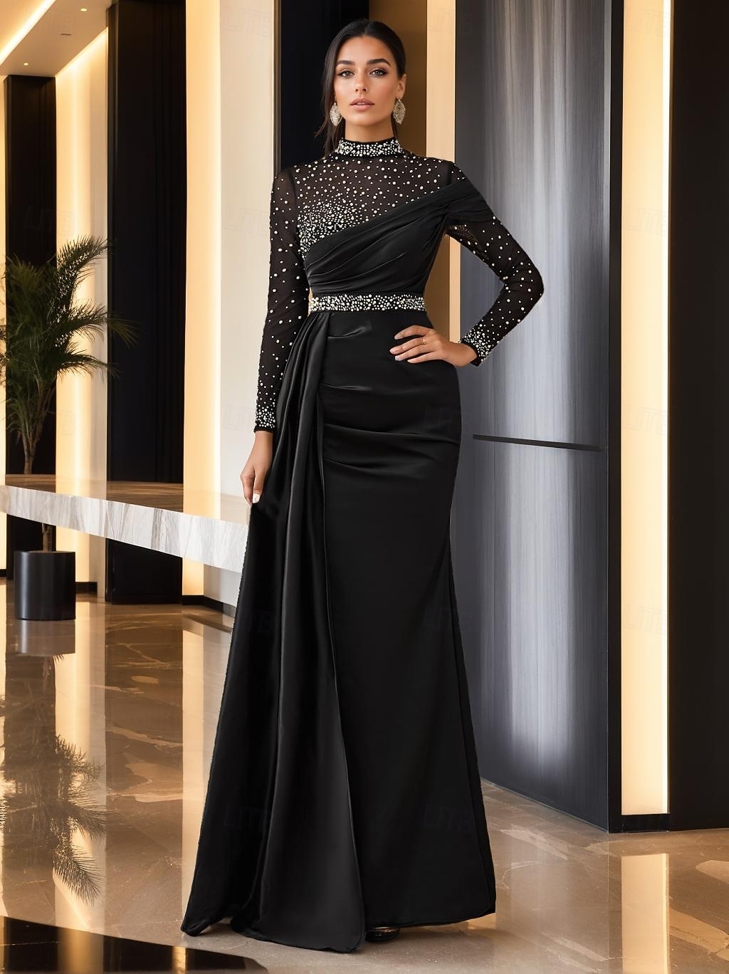 Sirena Tromba Lunghezza al pavimento Abito da Sera Abito da ballo con sopragonna Abito formale Elegante Scintillante Stile Celebrità Manica Lunga Collo Alto Festa in giardino Matrimonio Raso del 2026 a $218.49 –P1