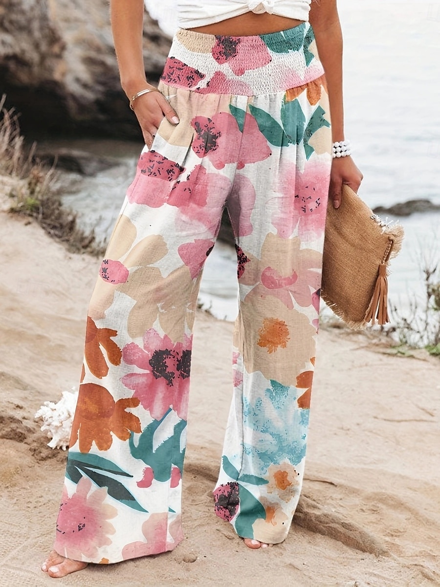 Per donna Pantaloni in cotone e lino Gamba larga Chinos Vacanza Moda Casual Lunghezza intera Vita Alta Floreale Tasca Fascia Elastica Stampato Comodo Morbido Confortevole Micro-elastico All'aperto del 2025 a $19.99 –P5