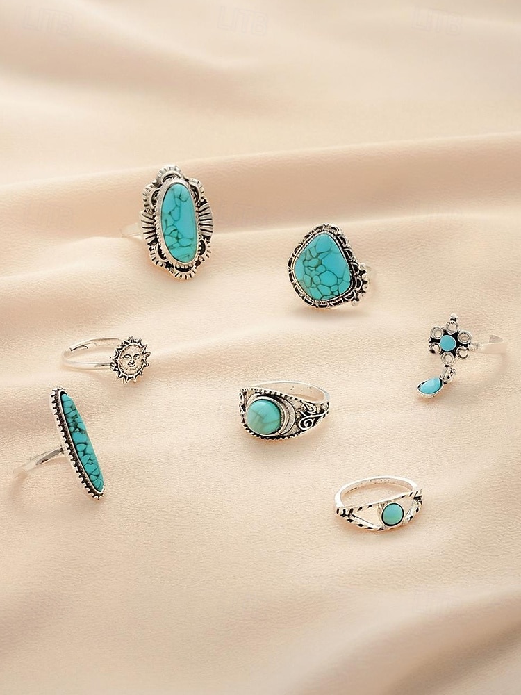 Women's Turquoise Ring Set - Multi-Piece Set of Vintage Bohemian Alloy Jewelry for Women's Holidays, Beach Vacations and Everyday Wear 2025 - $8.39 –P8
