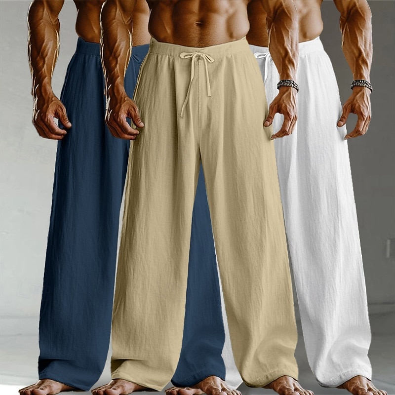 Men's Linen Pants Trousers Summer Pants Baggy Pants Drawstring Elastic Waist Straight Leg Plain Comfort Breathable Full Length Home Yoga Holiday Fashion Streetwear Black+White+Navy Blue 2026 - $37.99 –P13