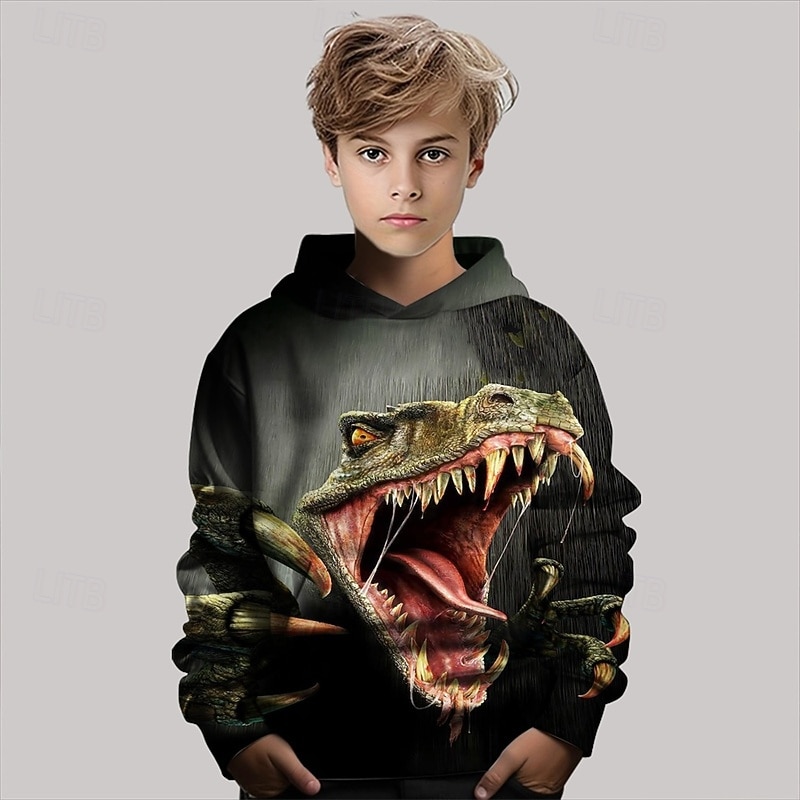 Pojkar 3D Dinosaurie Huvtröja Långärmad Vår Höst Mode Streetwear Barn 4-12 år Huva Utomhus Ledigt Dagligen Normal 2025 - $18.99 –P1