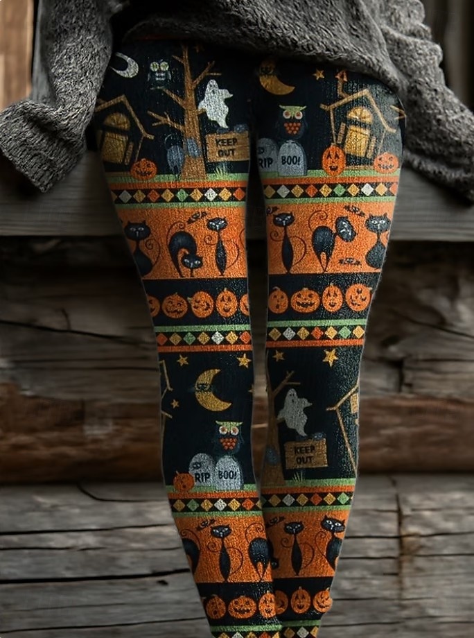 Leggings pentru femei de Halloween vacanță modă vintage lungime completă pantaloni cu talie înaltă grafică cu craniu și pisică imprimare moale respirabilă elastică pentru exterior vacanță stradă gri 2026 - $24.99 –P2