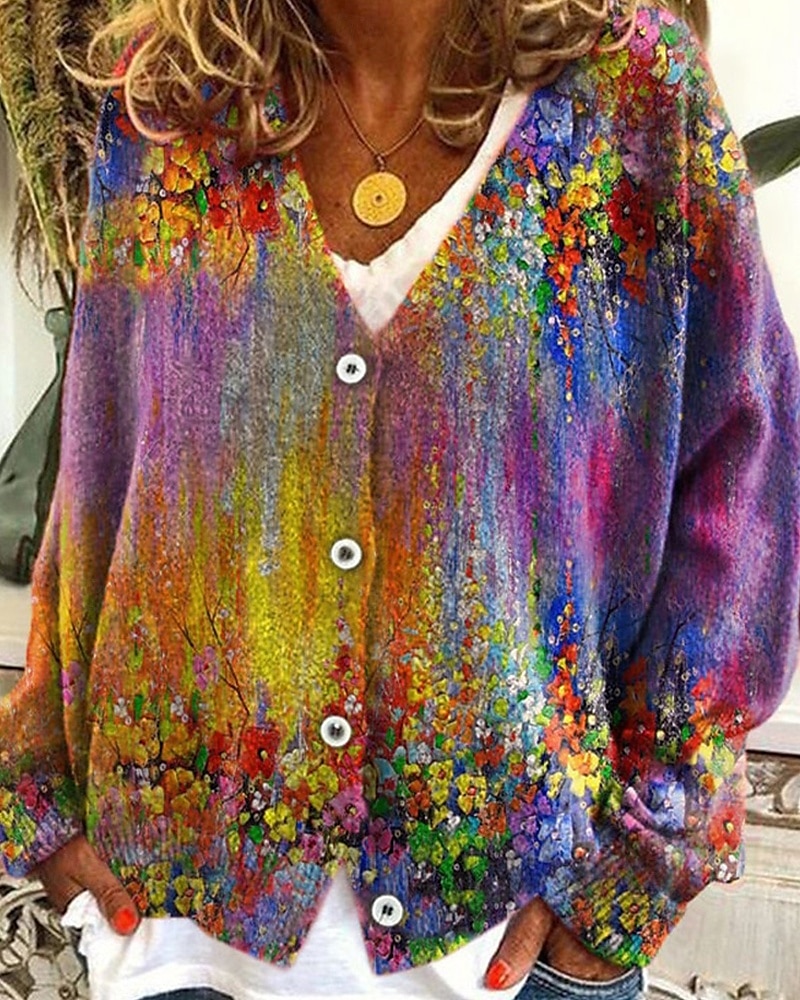 Damen Mantel Freizeitjacke Warm Bequem Druck Mode Modern Lässig Blumen Ausgehen Wochenende Einreihig Regulär V Ausschnitt Normale Passform Langarm Oberbekleidung Weiß Blau Purpur Herbst Winter 2025 - $22.99 –P1