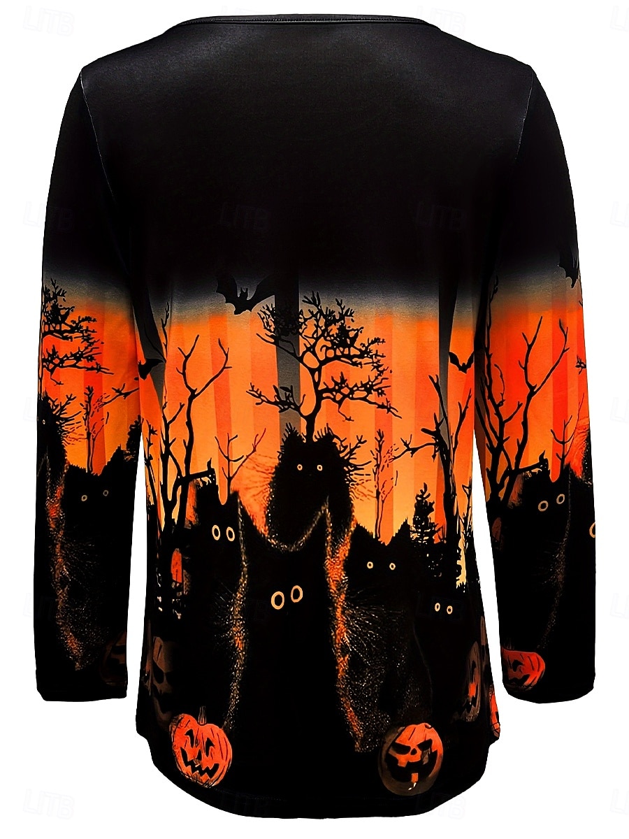 Women's T shirt Pumpkin Graphic Cat Vintage Stylish Classic Long Sleeve Crew Neck Regular Tops Daily Print Orange Spring Fall Winter 2025 - $22.99 –P2