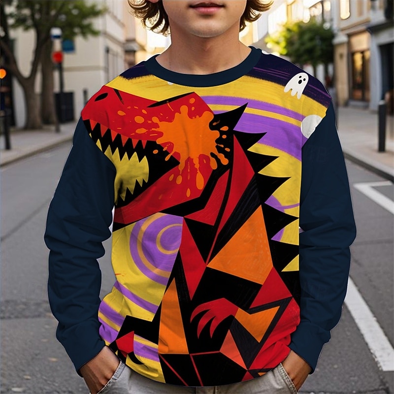 Halloween Pojkar 3D Dinosaurie T-shirt Långärmad Vår Höst Mode Grundläggande Barn 4-12 år Rund hals Utomhus Ledigt Dagligen Normal 2025 - $13.99 –P1