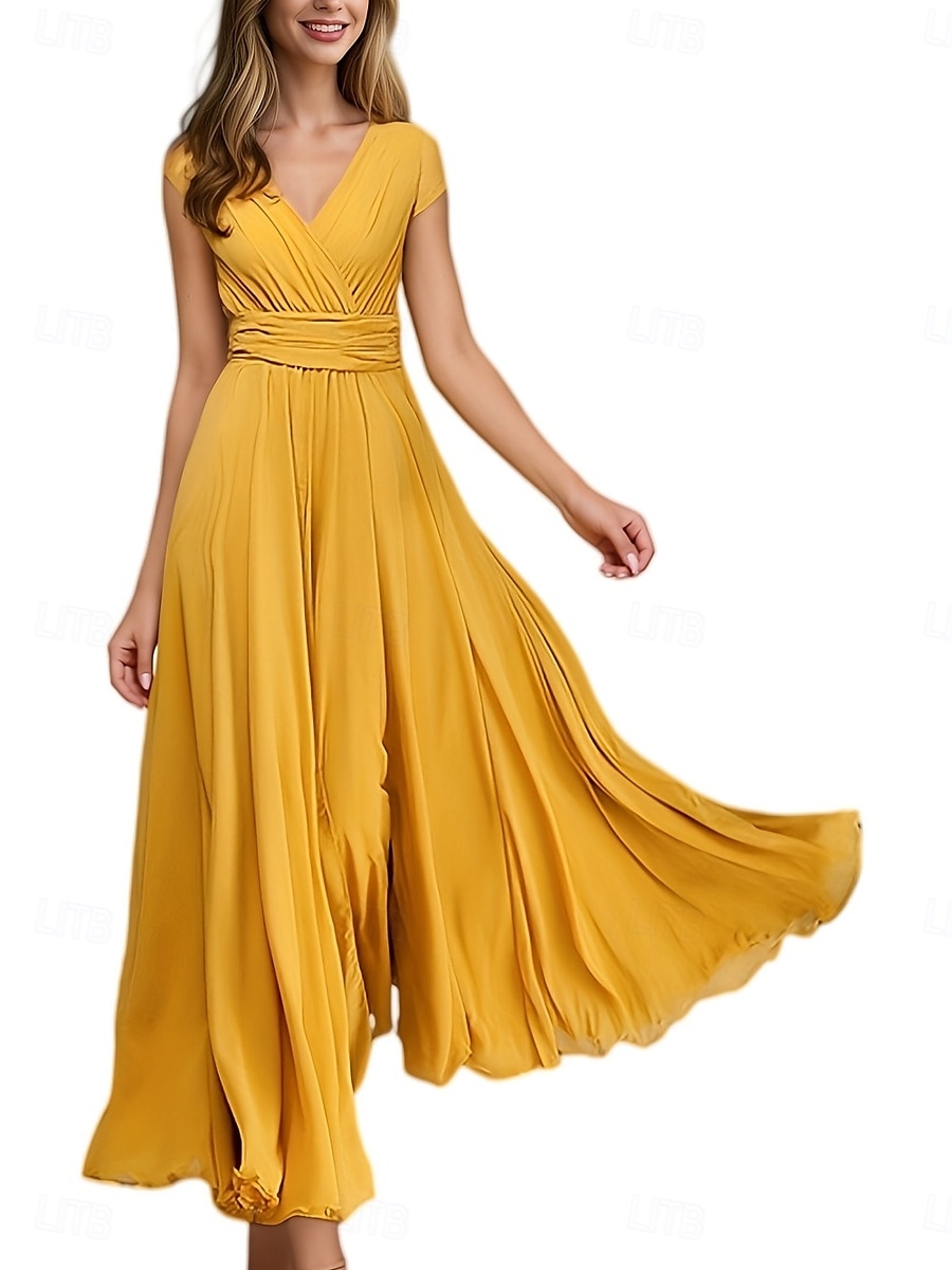 Women's Maxi long Dress Boho Wedding Guest Dress Elegant Stylish Regular Fit Plain Short Sleeve V Neck Black White Yellow Light Green Summer Spring 2025 - $26.99 –P8