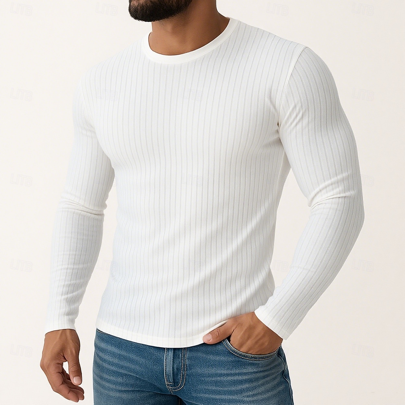 herr t-shirt med smal passform ribbad stickad t-shirt långärmad rund hals vår höst alla årstider enfärgad texturerad stickning modedesigner grundläggande stickning semester gata casual svart vit blå 2025 - $12.99 –P3